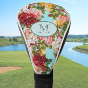 Custom Monogram Sky Blue and Pink Roses Floral Golf Head Cover