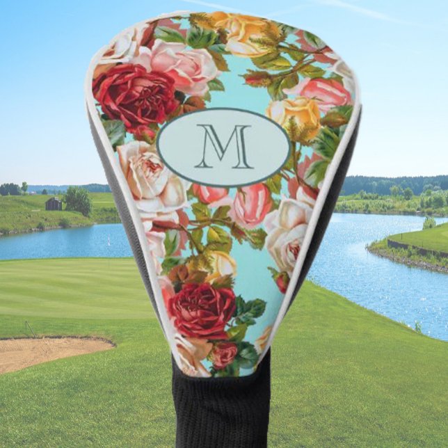 Custom Monogram Sky Blue and Pink Roses Floral  Golf Head Cover (Creator Uploaded)