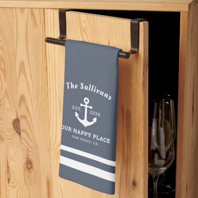 Custom Monogram Slate Blue Coastal Modern Kitchen Towel (Thirds Fold)