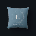 Custom monogram soft blue Floral wreath Throw Pillow<br><div class="desc">Enhance the comfort and style of your living space with our Custom Monogram Soft Blue Floral Wreath Pillow. This elegant and customizable pillow brings a touch of sophistication to your home decor. Elegant Floral Wreath Design: The pillow features a soft blue floral wreath, radiating a sense of timeless elegance. This...</div>