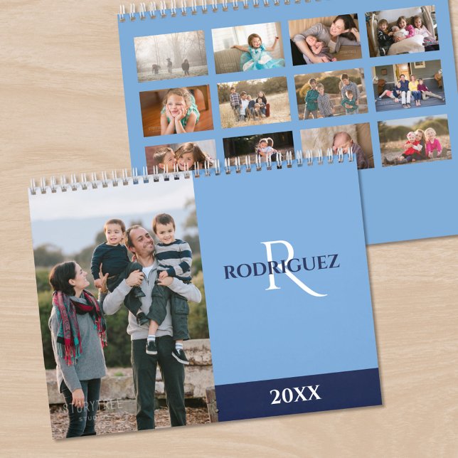 Custom Monogram Spanish Light Blue Photo Calendar (Custom Monogram Spanish Light Blue Photo Calendar, front/back)
