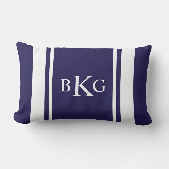Custom Monogram & Stripe Pattern | Navy Blue Lumbar Pillow (Front)