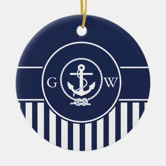Custom Monogram Striped Nautical Anchor and Line Ceramic Ornament (Front)