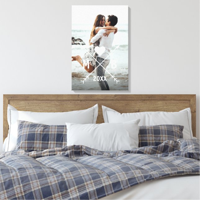 Custom Monogram Stylish Love Couple Heart Arrows Canvas Print (Insitu(Bedroom))