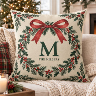 Custom Monogram Surname Holly Wreath Red Bow Throw Pillow