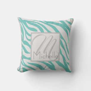 Custom Monogram Teal Aqua Blue Zebra Stripes Throw Pillow