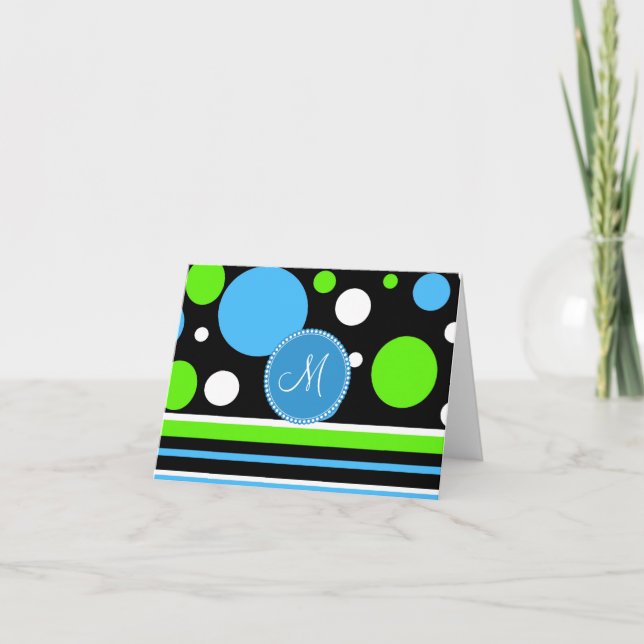 Custom Monogram Teal Green Stripes Polka Dots Note Card (Front)