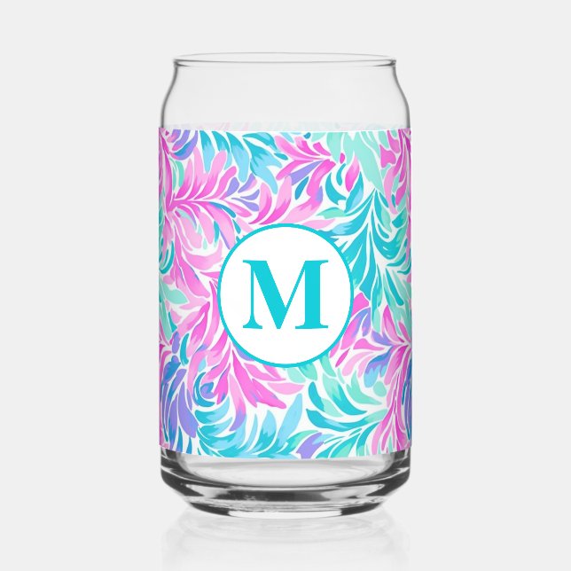 Custom Monogram Teal Pink Floral Can Glass (Front)