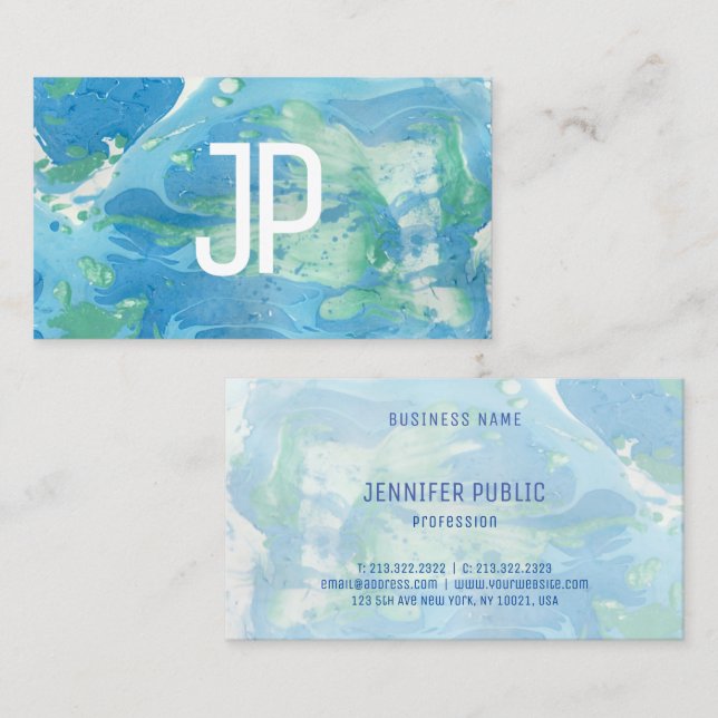 Custom Monogram Template Blue Green Abstract Business Card (Front/Back)