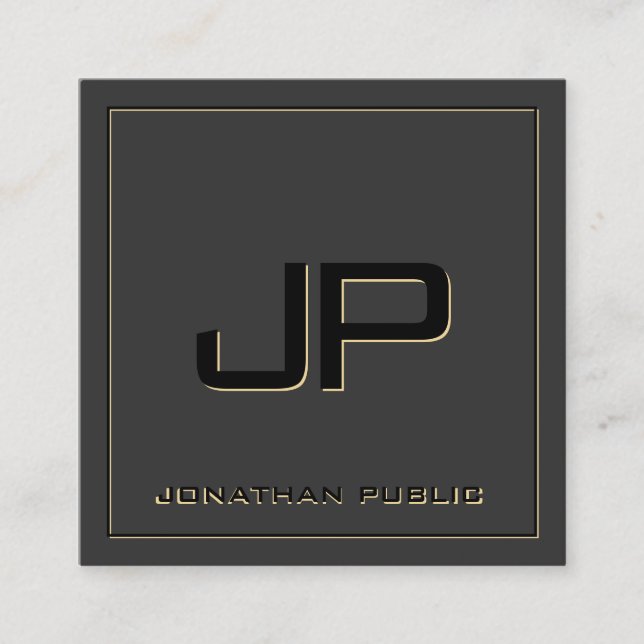 Custom Monogram Template Elegant Black & Gold Square Business Card (Front)