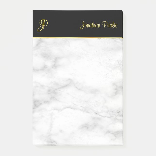 Custom Monogram Template White Marble Black Gold Post-it Notes (Front)