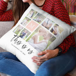 Custom Monogram This is Us Photo Collage Throw Pillow<br><div class="desc">Monogram pillow featuring the words "this is us" in a stylish script with 8 square photos arranged in a grid layout on the front and back side making it 16 photos in total that you can replace with you own photos against a white background. You can also add your family...</div>
