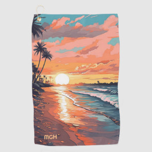 Custom Monogram Tropical Beach Sunset Golf Towel