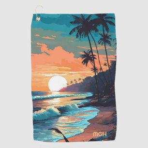 Custom Monogram Tropical Beach Sunset Golf Towel
