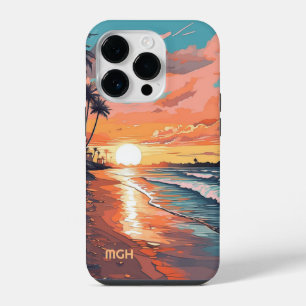 Custom Monogram Tropical Beach Sunset iPhone 14 Pro Case