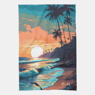 Custom Monogram Tropical Beach Sunset Kitchen Towel