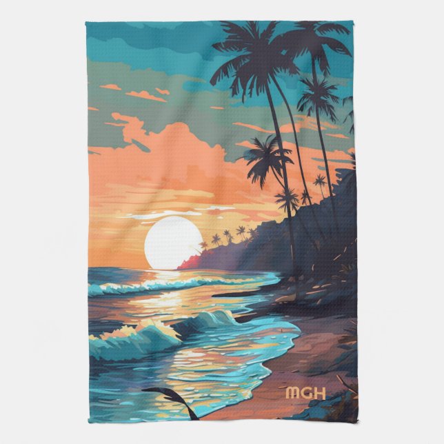 Custom Monogram Tropical Beach Sunset Kitchen Towel (Vertical)