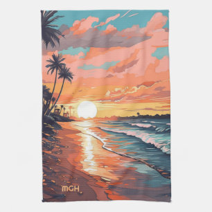 Custom Monogram Tropical Beach Sunset Kitchen Towel