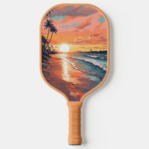 Custom Monogram Tropical Beach Sunset Pickleball Paddle