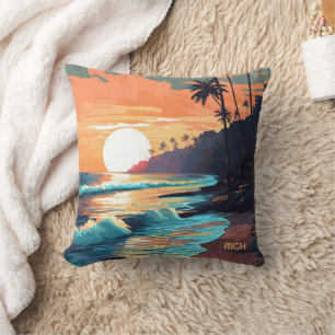 Custom Monogram Tropical Beach Sunset Throw Pillow