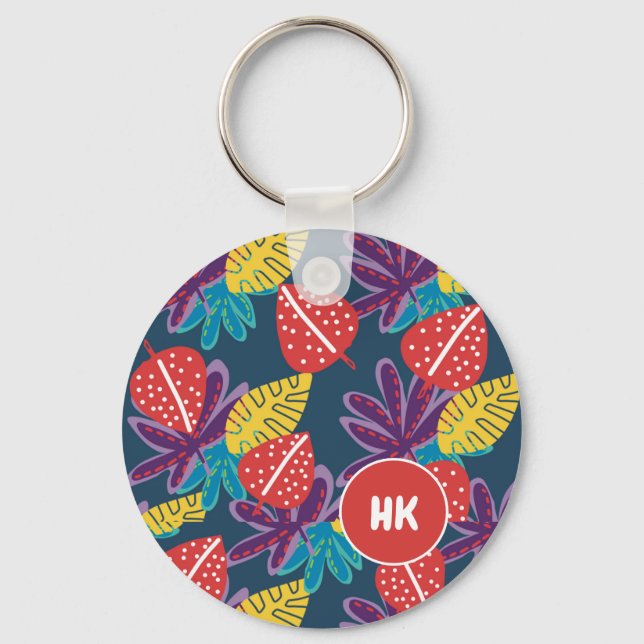Custom monogram tropical floral hawaii exotic keychain (Front)