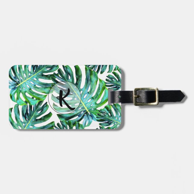 Custom Monogram Tropical Monstera Leaf Greenery Luggage Tag (Front Horizontal)