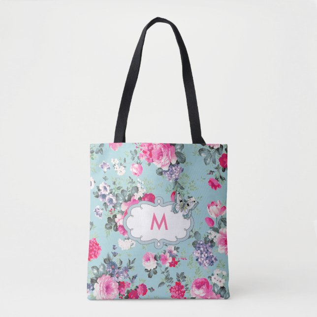 Custom Monogram Vintage Rose Pattern  Tote Bag (Front)