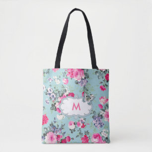 Custom Monogram Vintage Rose Pattern Tote Bags