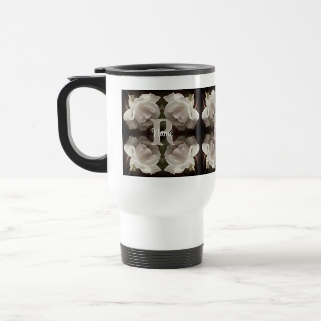Custom Monogram Vintage Roses Personalized Travel Mug (Left)