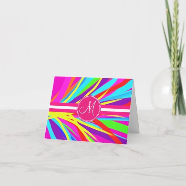 Custom Monogram Vivid Colour Paint Brush Strokes Note Card (Front)