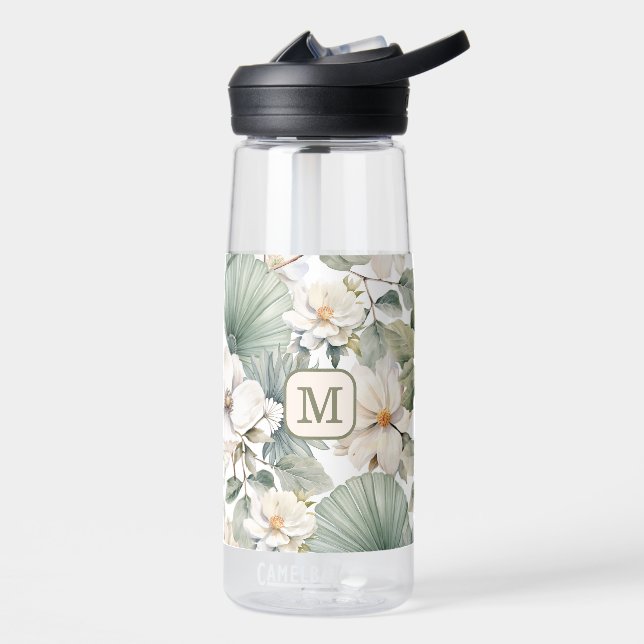 Custom Monogram Watercolor Floral Water Bottle (Left)