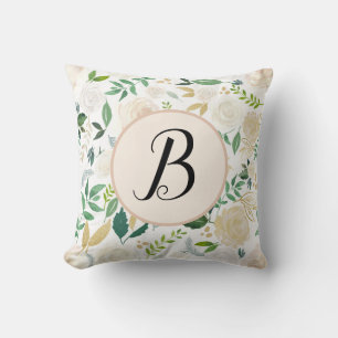 Custom Monogram Watercolor Green Ivy Floral Bloom Throw Pillow