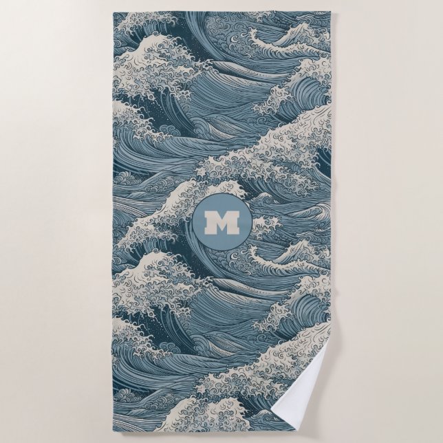 Custom Monogram Waves Pattern Beach Towel (Front)