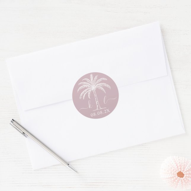 Custom Monogram Wedding Logo Palm Tree Classic Round Sticker (Envelope)