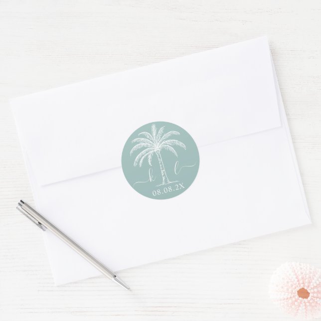 Custom Monogram Wedding Logo Palm Tree Classic Round Sticker (Envelope)