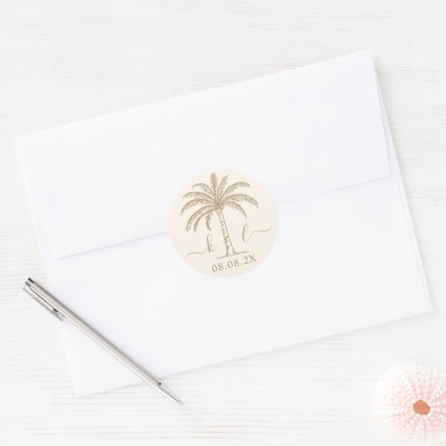 Custom Monogram Wedding Logo Palm Tree Classic Round Sticker (Envelope)
