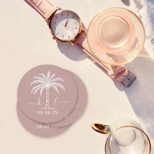 Custom Monogram Wedding Logo Palm Tree Round Paper Coaster (Creator Uploaded)