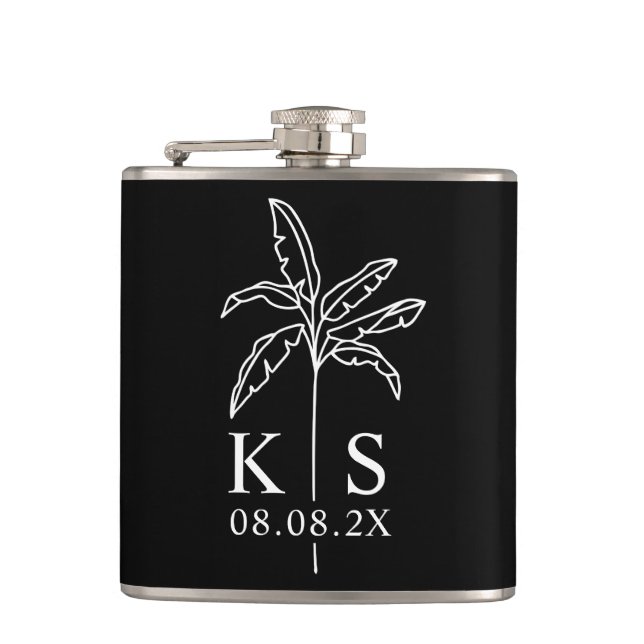 Custom Monogram Wedding Logo Palm Tree Tote Bag Fl Hip Flask (Front)