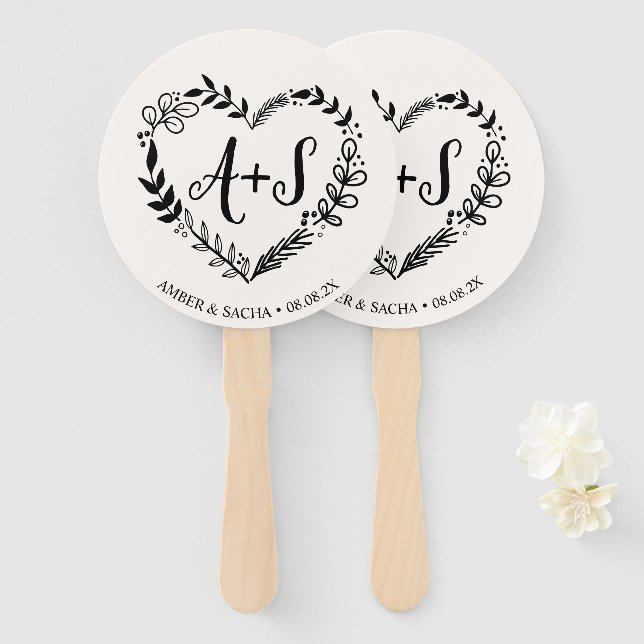 Custom Monogram Wedding Logo With Wreath Hand Fan (Front and Back)