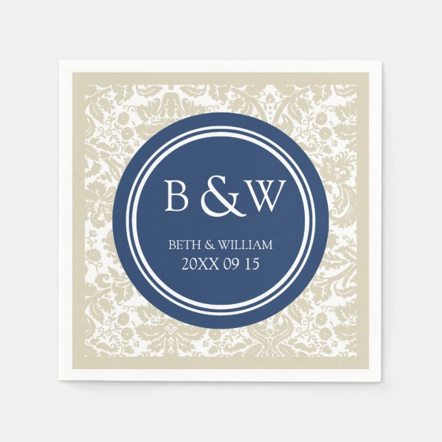 Custom Monogram Wedding Napkin Beige Blue Damask (Front)