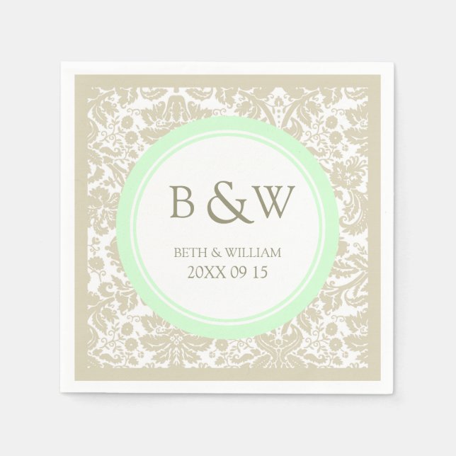Custom Monogram Wedding Napkin Beige Mint Damask (Front)