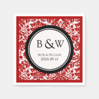 Custom Monogram Wedding Napkin Black Red Damask