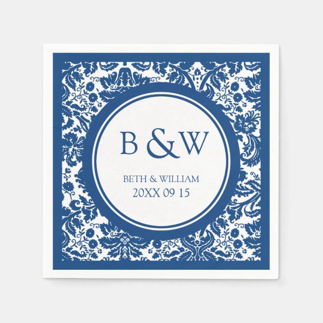 Custom Monogram Wedding Napkin Blue Damask (Front)