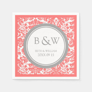 Custom Monogram Wedding Napkin Coral Grey Damask
