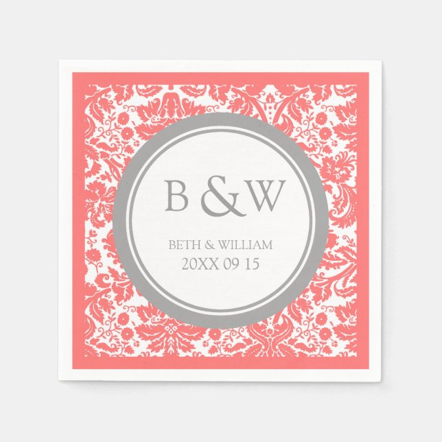 Custom Monogram Wedding Napkin Coral Grey Damask (Front)