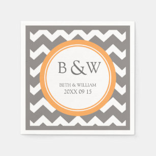 Custom Monogram Wedding Napkin Orange Grey Chevron