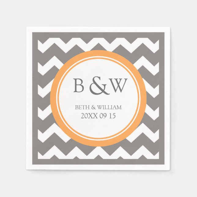 Custom Monogram Wedding Napkin Orange Grey Chevron (Front)