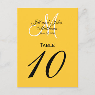 Custom Monogram Wedding Table Number Yellow Postcard