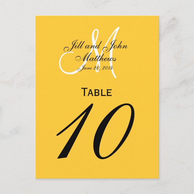 Custom Monogram Wedding Table Number Yellow Postcard (Front)
