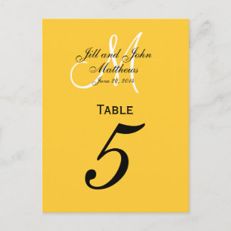 Custom Monogram Wedding Table Number Yellow Postcard